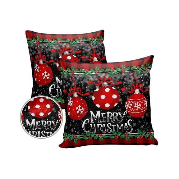 Pack of 2 Outdoor Pillow Covers, Christmas Red Ball Winter Snow Red Buffalo Plaid Waterproof Square Throw Pillowcase Cushion Decorative Pillow Covers for Couch Patio Tent, 18x18 in