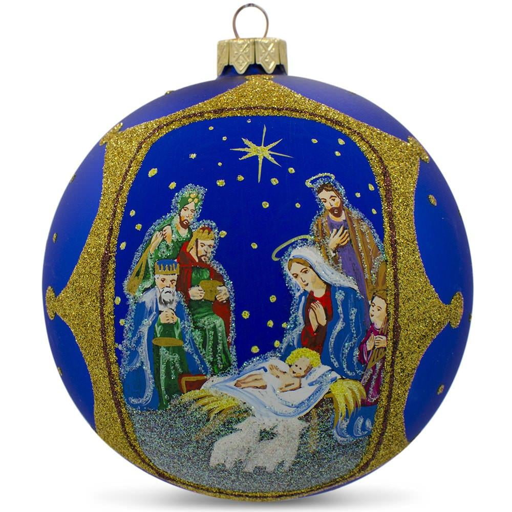 Nativity Scene on Gold Glass Ball Christmas Ornament 4 Inches 