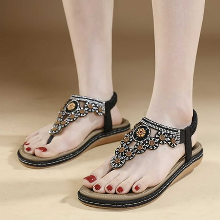 YYYTop Block Heel Sandals for Women  Walking Shoes Women Women s Summer New Floral Comfort Elastic Casual Seaside Beach Flat Sandals Womens Sandals Dressy On Clearance