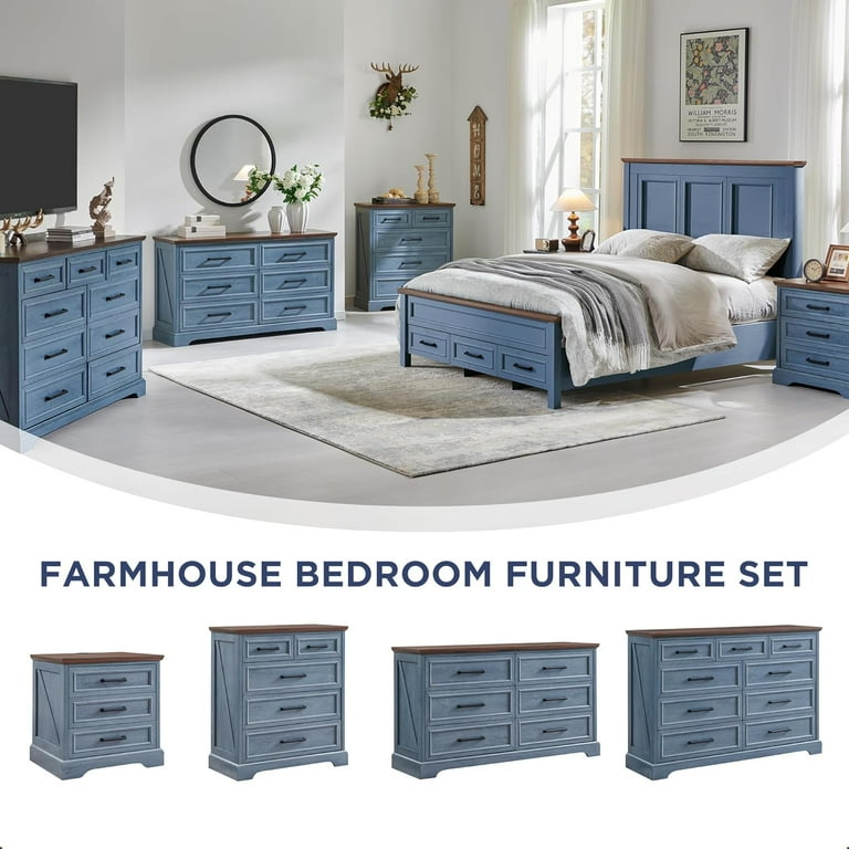 Accohoho Farmhouse 6 Drawer Dresser, Rustic Wood Dresser Chest of Drawers for Bedroom52'' Wide TV Stand with Large Drawers for Living Room Blue