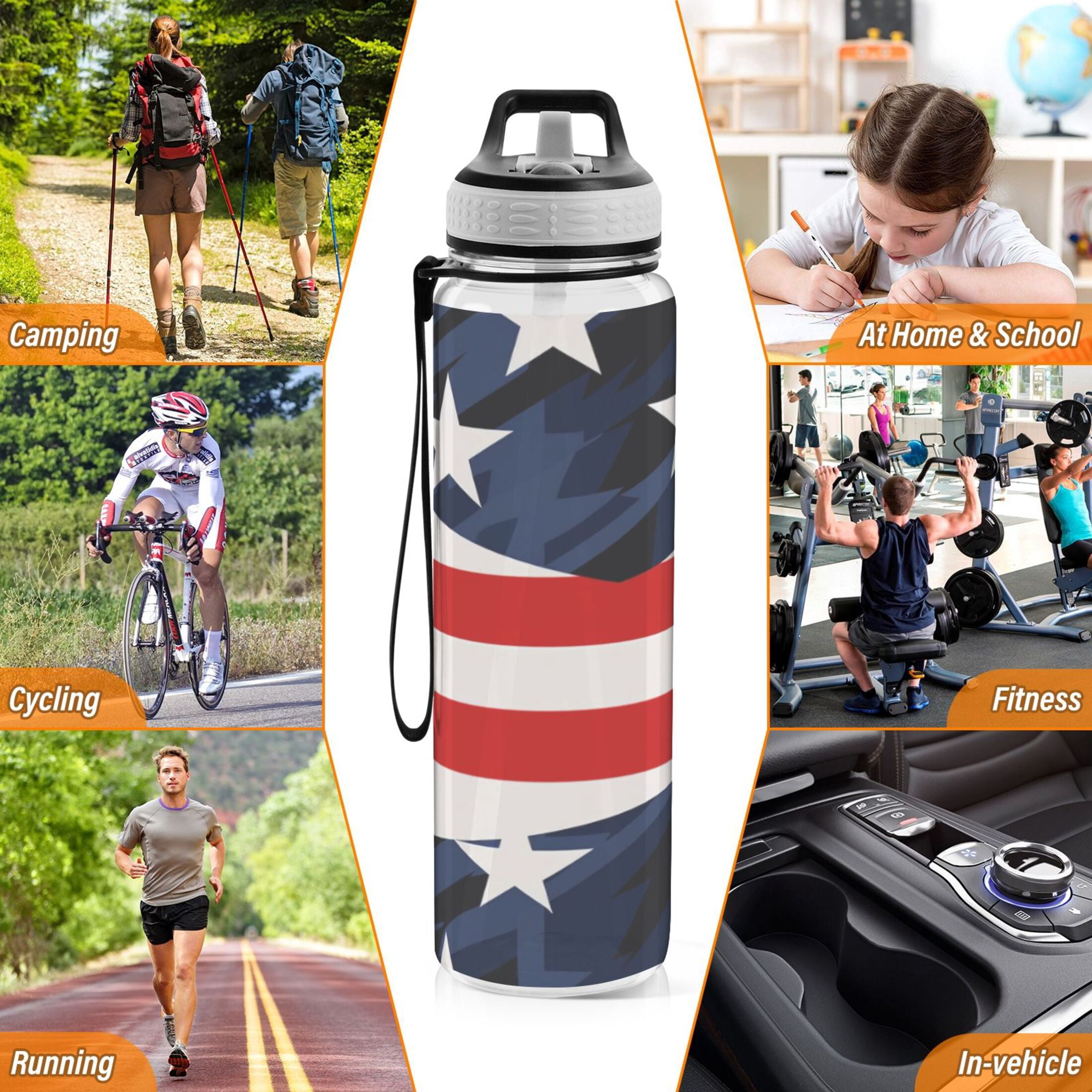 American Flag Star 32oz Water Bottles with Straw Tritan Leakproof Sports Bottle BPA Free Clear for Fitness Gym Swimming Cycling