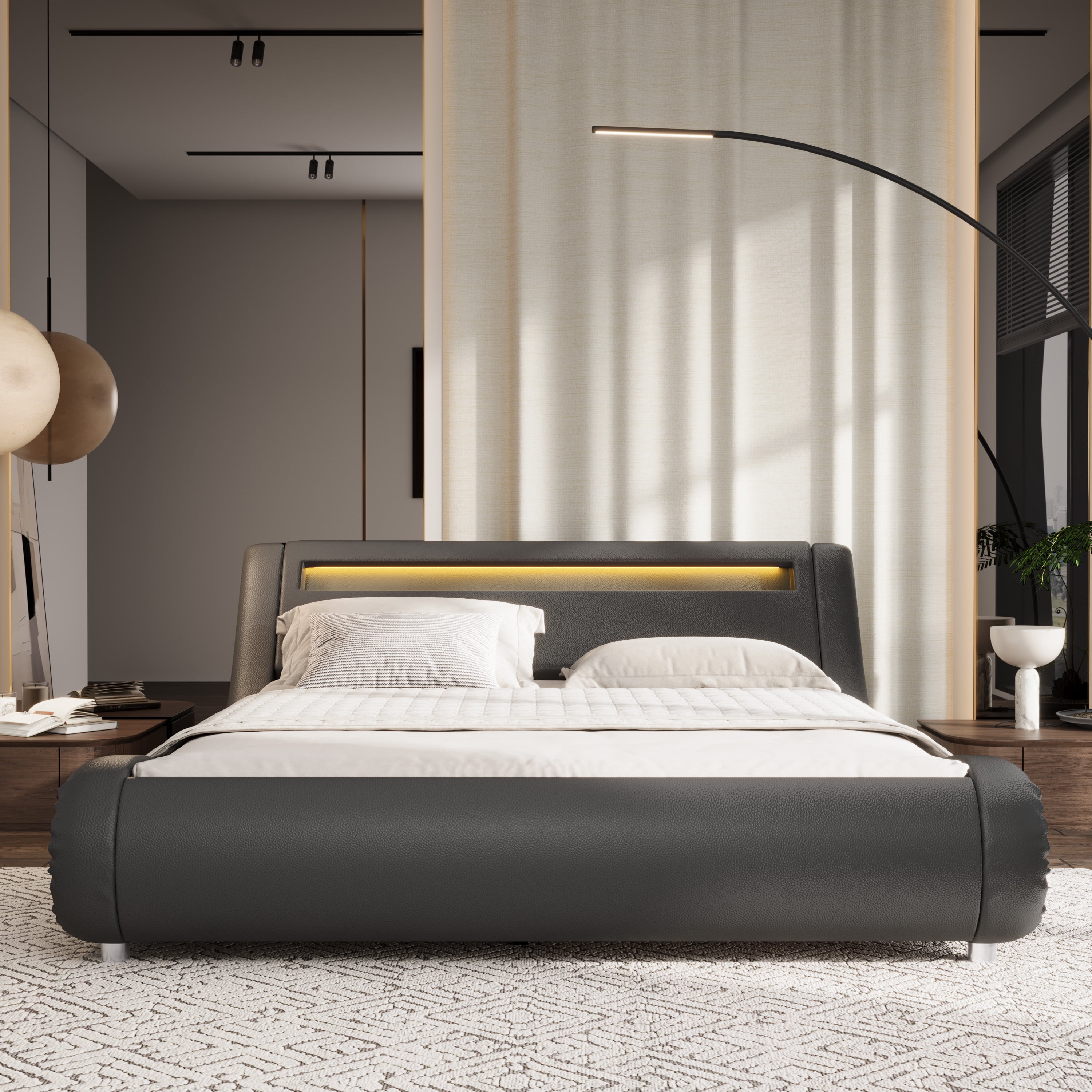 Sifurni Full size Wave-Like Curve Deluxe Upholstered Modern Bed Frame with LED Headboard, Dark Gray