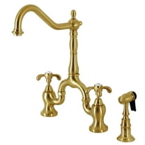 Kingston Brass KS7757TXBS French Country Two-Handle 3-Hole Deck Mount Bridge Kitchen Faucet with Brass Side Sprayer in Brushed Brass