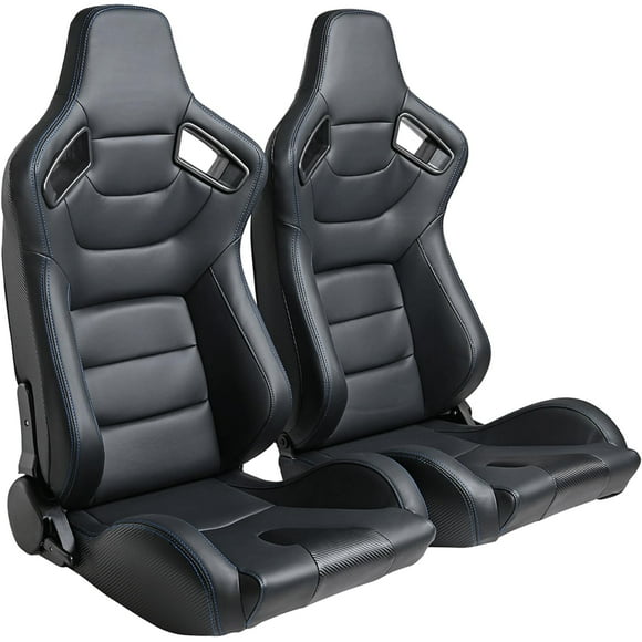 WIILAYOK 2 Pack Racing Seats, Universal PVC Leather Racing Bucket Seats Sport Pair Adjustable Seats with Sliders, Black and Blue Stitching