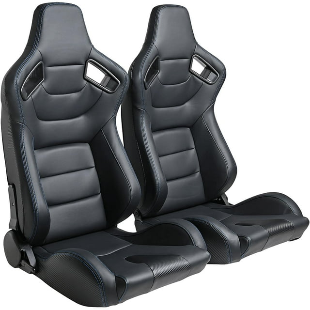 WIILAYOK 2 Pack Racing Seats, Universal PVC Leather Racing Bucket Seats Sport Pair Adjustable Seats with Sliders, Black and Blue Stitching