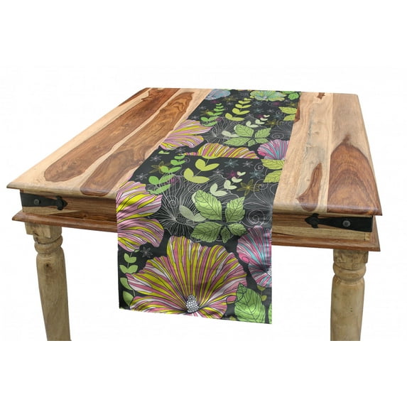 Flower Table Runner, Abstract Botanical Composition with Romantic Pastel Colored Flowers and Leaves Print, Dining Room Kitchen Rectangular Runner, 3 Sizes, by Ambesonne