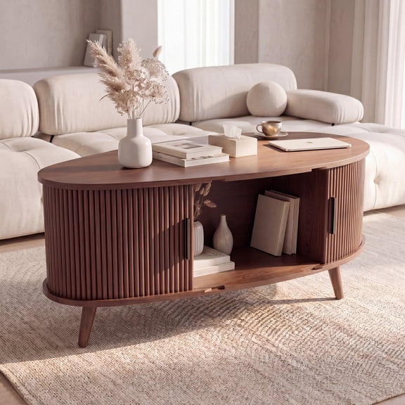 YDN 39.4" Fluted Round Coffee Table with Storage,Modern Oval Coffee Table with Rolling Shutter Door,Mid Century Coffee Table for Living Room,Home Office(Walnut)