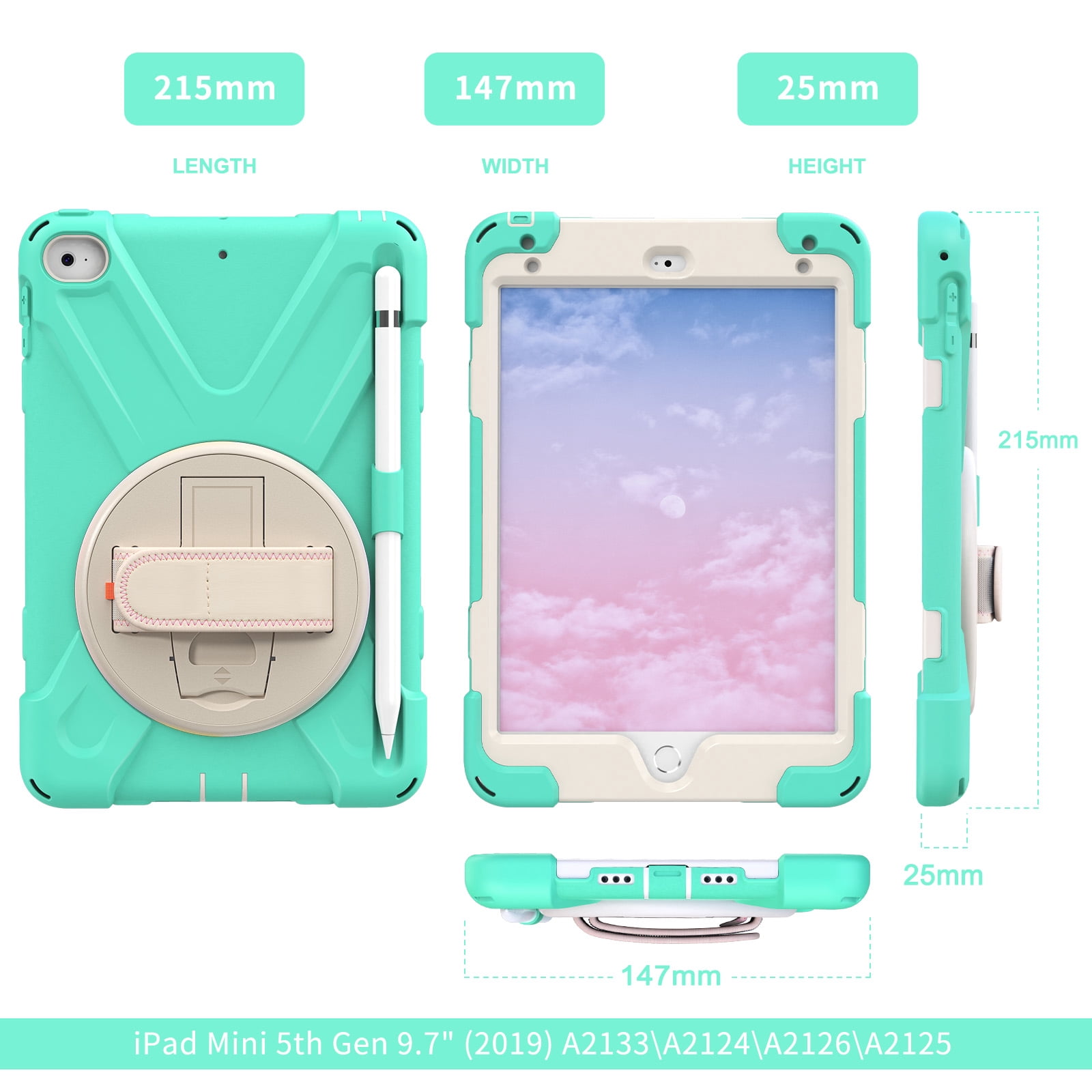 Allytech iPad Mini 5 Case Kids, iPad mini 4 Case with Screen Protector, Heavy Duty Protection Rugged Kids Friendly Shockproof Kickstand Pencil Holder Case Cover for Apple iPad mini 4/ mini 5,Mint