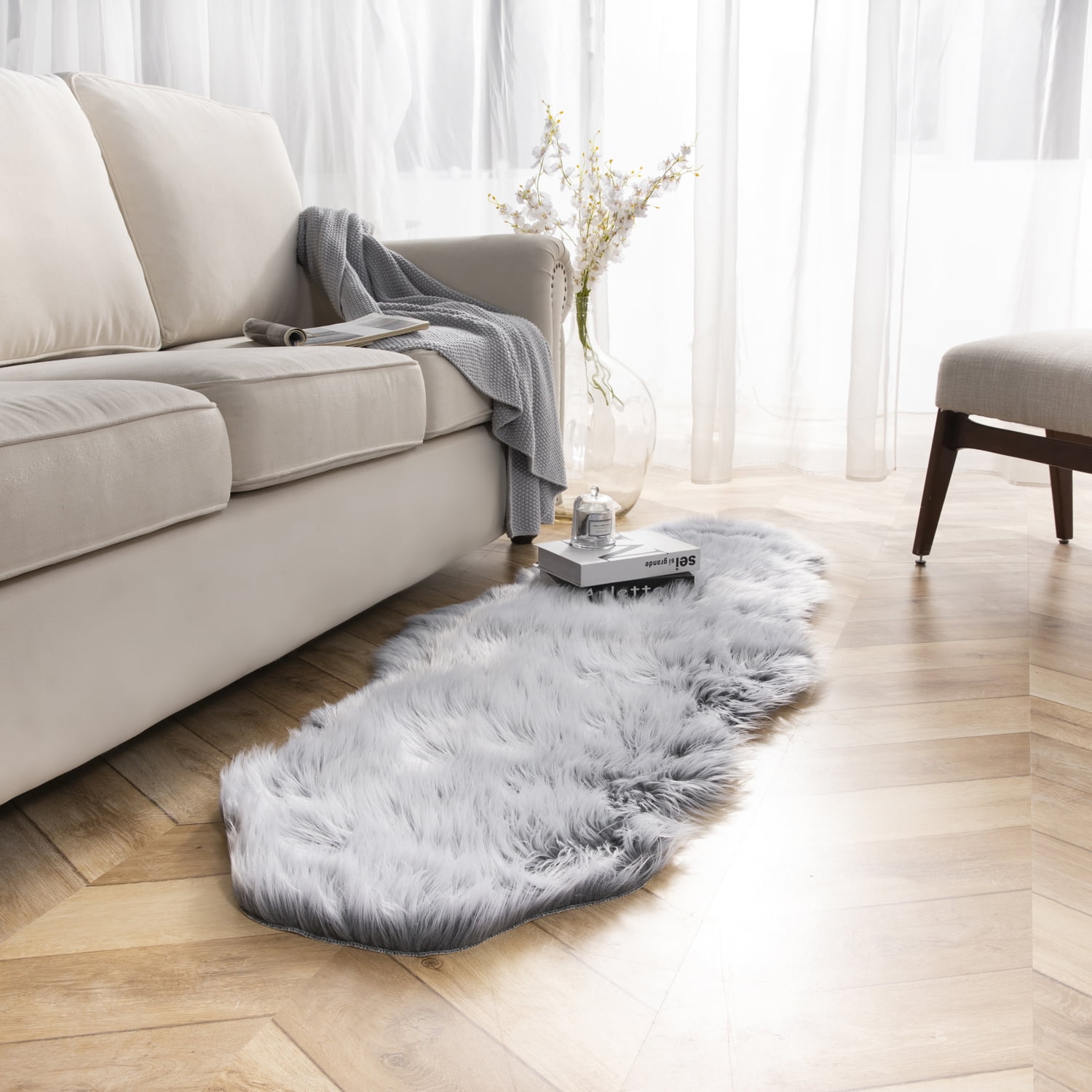 Deluxe Ultra Soft Faux Sheepskin Fur Series Fluffy Decorative Indoor Shag Area Rug, 2 x 6 Feet, Black and White, 1 Pack