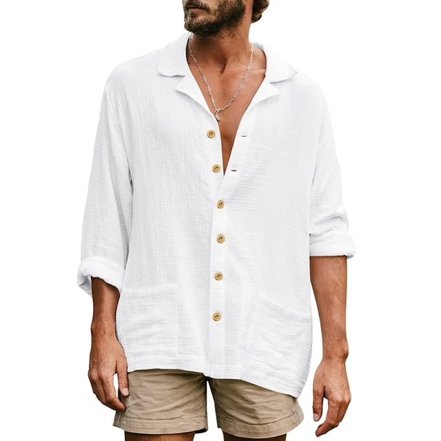 Kmbangi Men Long Sleeve Shirts Solid Color Loose Casual Button down Tops with Pockets Spring Clothes for Beach Streetwear