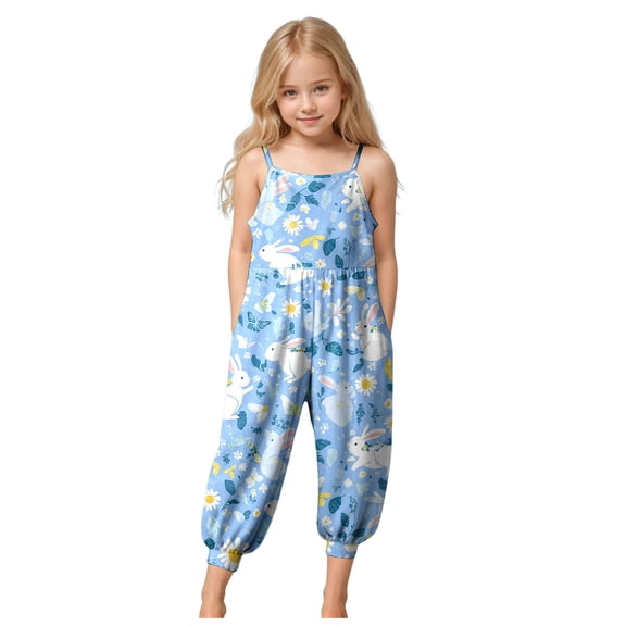 Staki Baby Girl Cute Outfit Bunny Toddler Baby Girl Easter Outfit Rabbit Sleeveless Romper Jumpsuit Overalls Bunny Pants Leggings 1-10Y(Light Blue,9-10 Years)