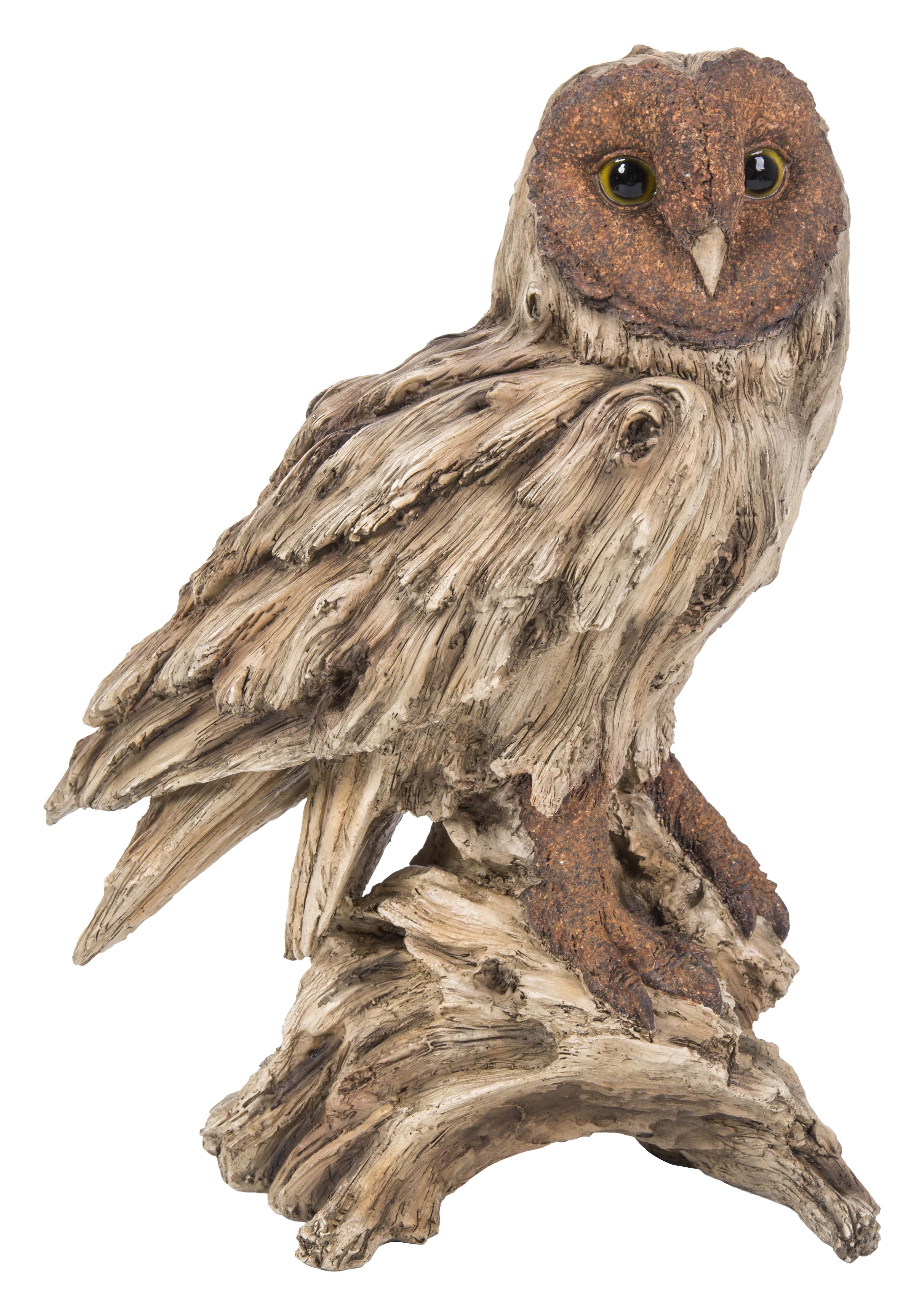 Hand Carved Wooden Painted Barn Owl on a Tree Stump Garden Ornament Bird Carving