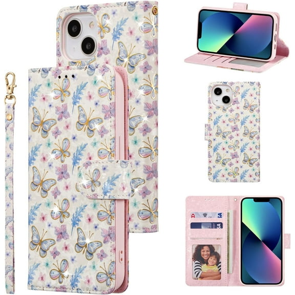 Wallet Case for iPhone 14 6.1 inch, PU Leather Phone Case Kickstand RFID Blocking Flip Case with Card Slots Wrist Strap Relief Engraved Pattern Magnetic Closure Folio Case - Butterfly