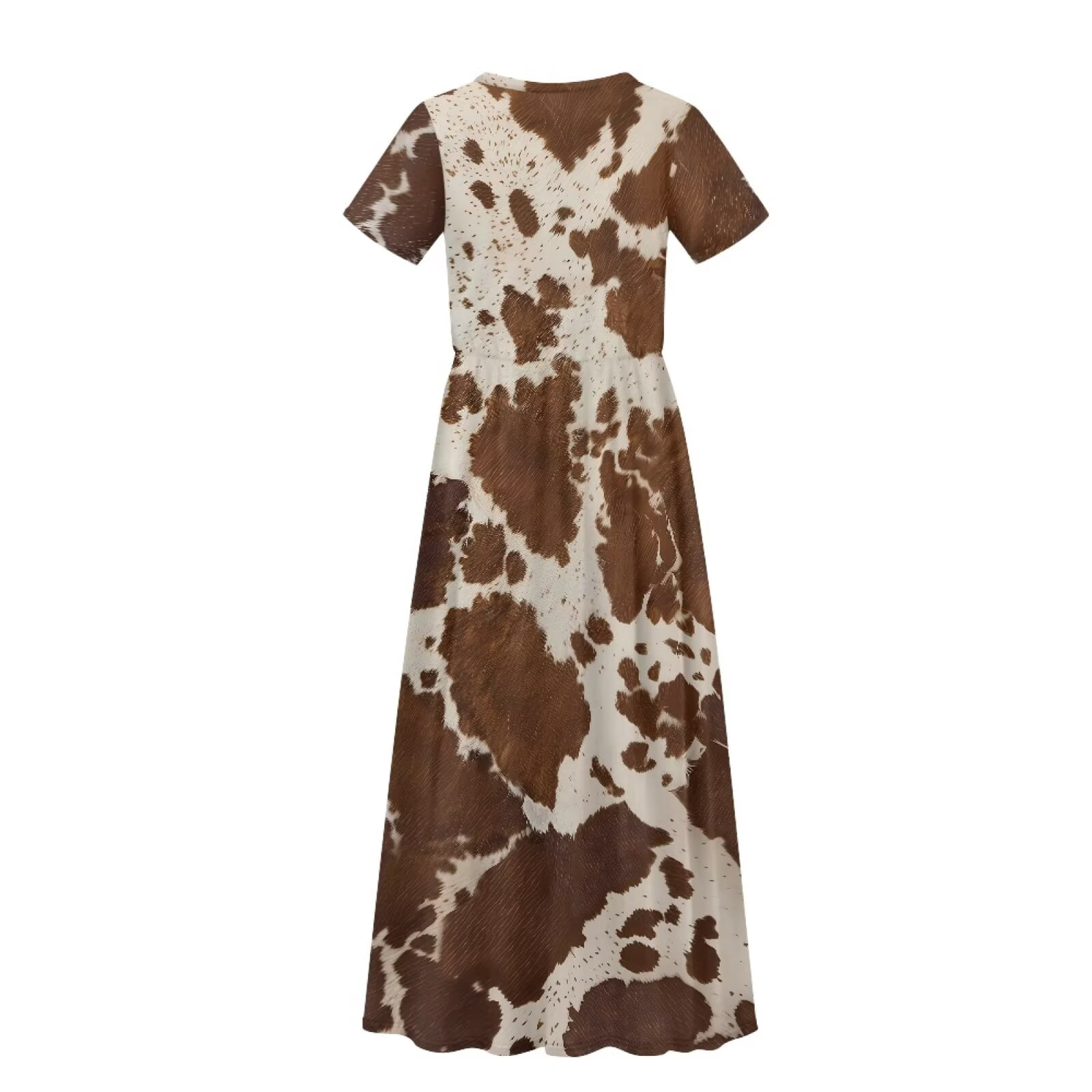 Uourmeti Girls Elegant Maxi Dress, Brown Cow Printed Short Sleeves Dress with Pockets Summer Long Holiday Dresses, Size 9-10 Years