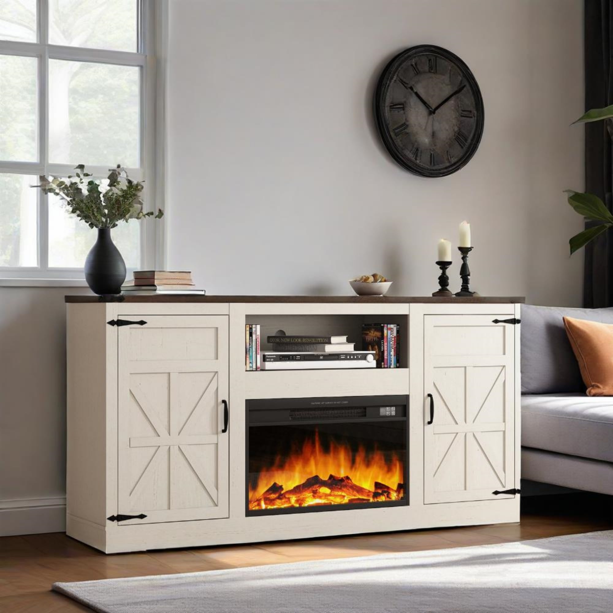 ChVans Farmhouse TV Stand with 26" Fireplace for 65"-75" TVs, 33" Tall Fireplace TV Entertainment Center Stand with Storage for Living Room