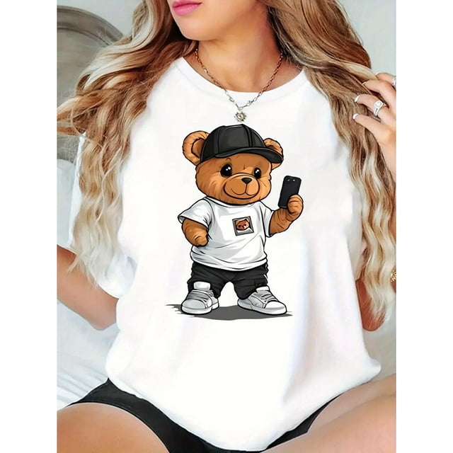 Playera de manga corta para mujer, estampado en color sólido, cuello redondo, estilo casual, para verano, estilo casualWomen's Trendy Bear with Hat Graphic Tee - Casual Round Neck Short Sleeve, Comf