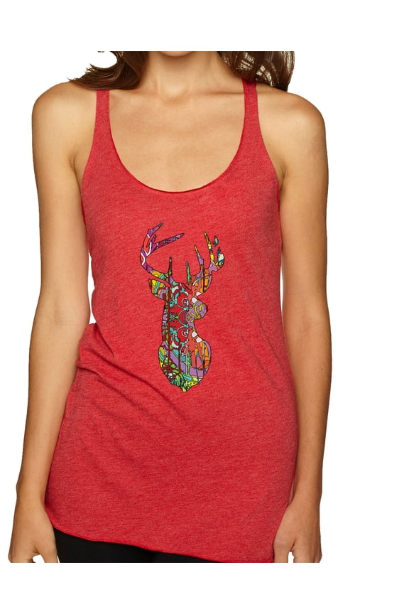 Trippy Colorful Buck Head Rainbow Hunting Deer Mosaic | Womens Animal Lover Premium Tri-Blend Racerback Tank Top, Vintage Red, Small