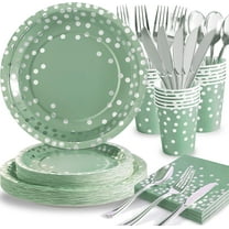 Paper Plates - 168pcs Disposable Party Supplies, Sage Green and Silver Plates for Birthday, Wedding, Baby Shower Parties