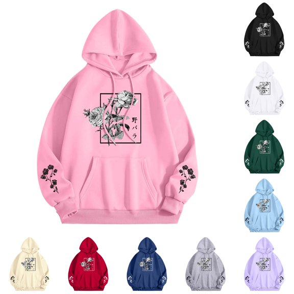 NinXxx Women's Rose Floral Japanese Street Style Hooded Sweatshirt Pink XXL