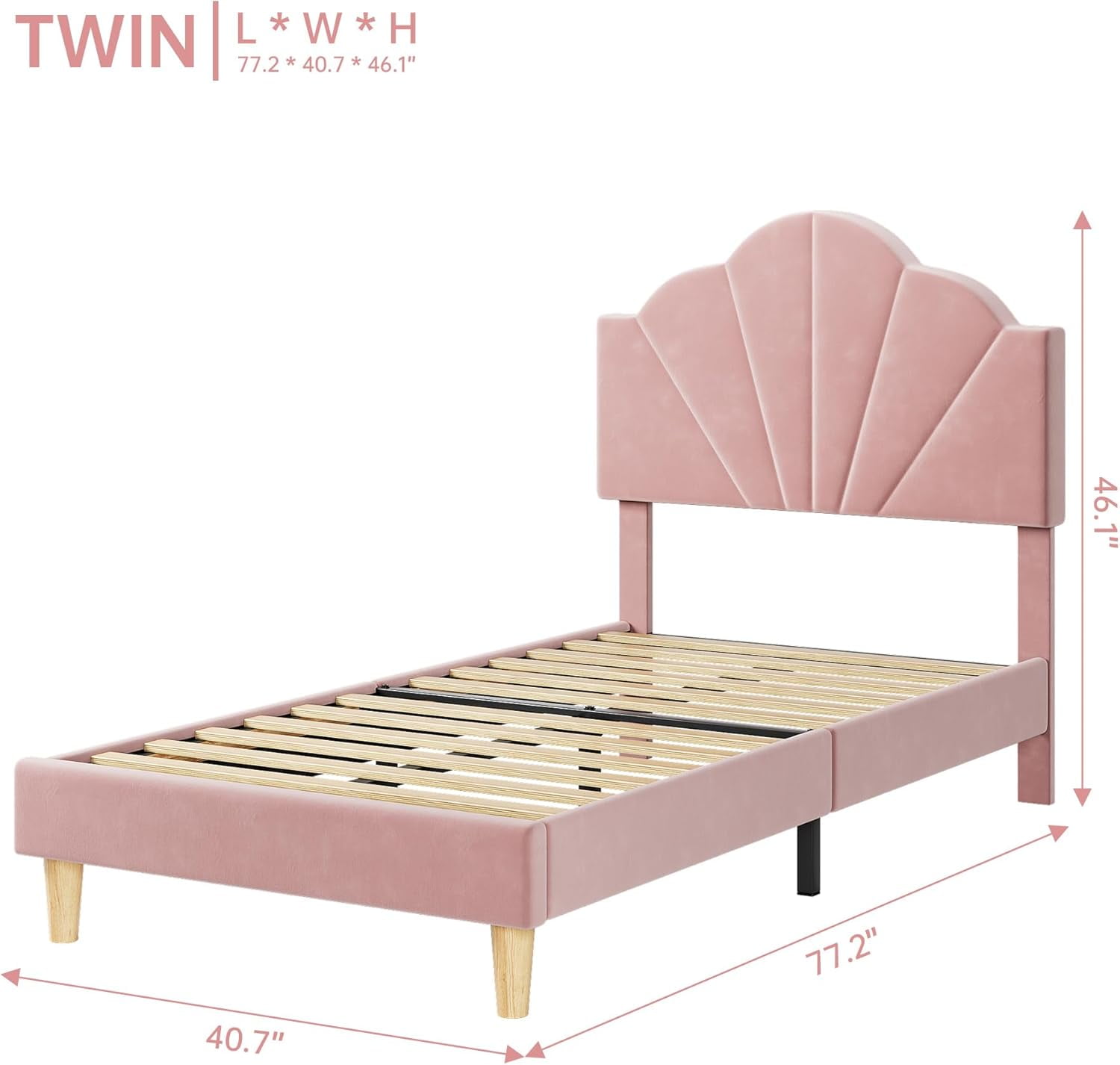 Towallmark Twin Bed Frame, Velvet Upholstered Platform Bed Frame with Height Adjustable Headboard for Boys & Girls, Wood Slat Support, Easy to Assemble, No Box Spring Needed, Light Pink