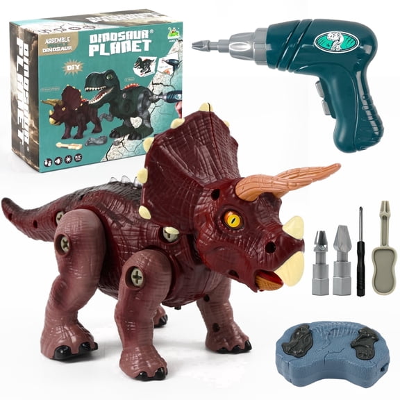 KiddiTouch Remote Control Dinosaur Toy, Assemble Dinosaur Toys with Hand Shank & Electronic Drill, Birthday Gifts for Boys Kids-Triceratops