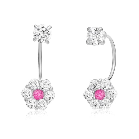 Tilo Jewelry Sterling Silver Dangling Drop Halo Flower Earrings with Simulated Tourmaline CZ Birthstone | October | Women & Unisex