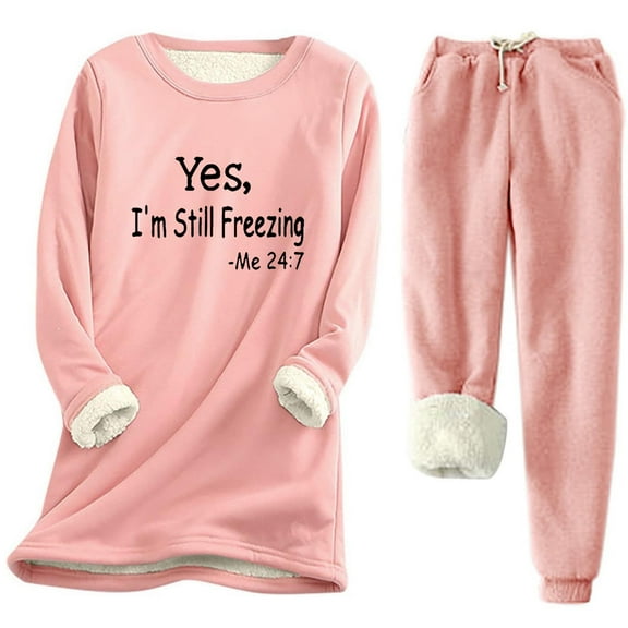Oksale Yes,I'm Always Freezing Print Sweatsuits for Women 2 PC Fleece Lined Sherpa Sweatshirts Casual Drawstring Sweatpants Plus Size Fall Winter Fashion Outfits Pink M