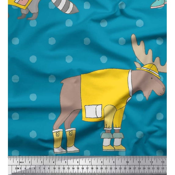 Soimoi Blue Velvet Fabric Dot & Animals Kids Print Fabric by the Yard 58 Inch Wide