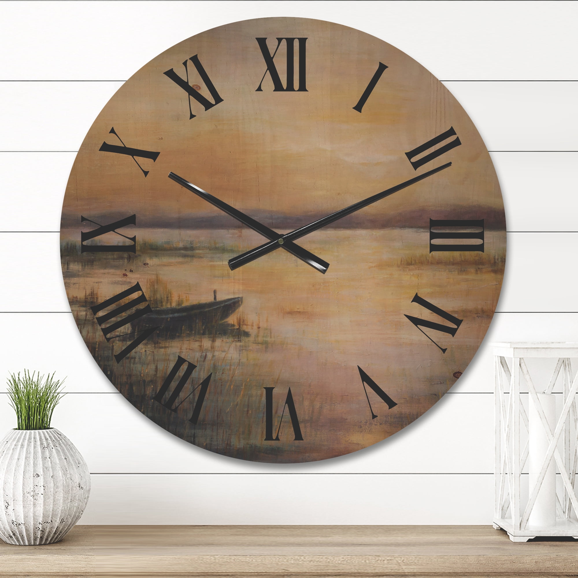 Designart 'Pastel Boat Sunset Over The Lake' Nautical & Coastal Wood Wall Clock