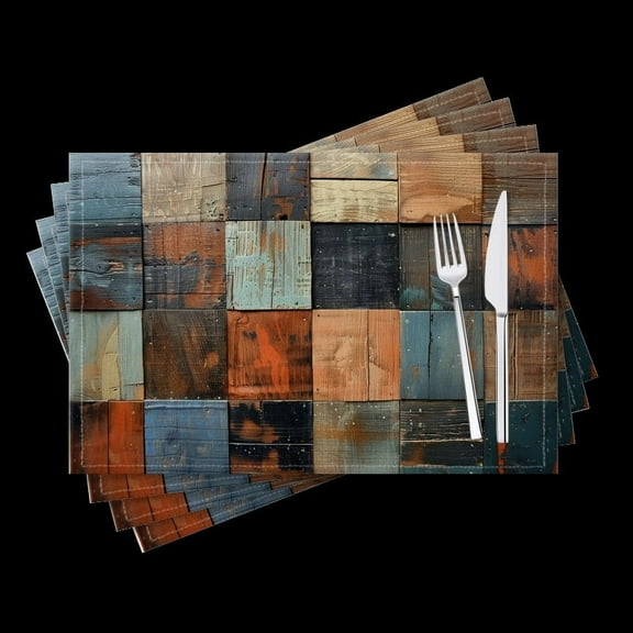 BaHomeck placemats Set of 4 Patchwork Of Various Textured And Colored Wooden Squares Cotton Linen rectangle Placemats for Kitchen Dining Table Indoor,Outdoor,18*12inch