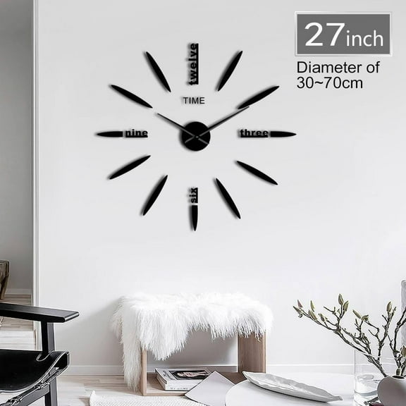 Frameless 3D Mirror Effect DIY Wall Clock Creative Numbers Wall Watch Acrylic Simple English Letters DIY Clocks Size Adjustable(Black,27inch)