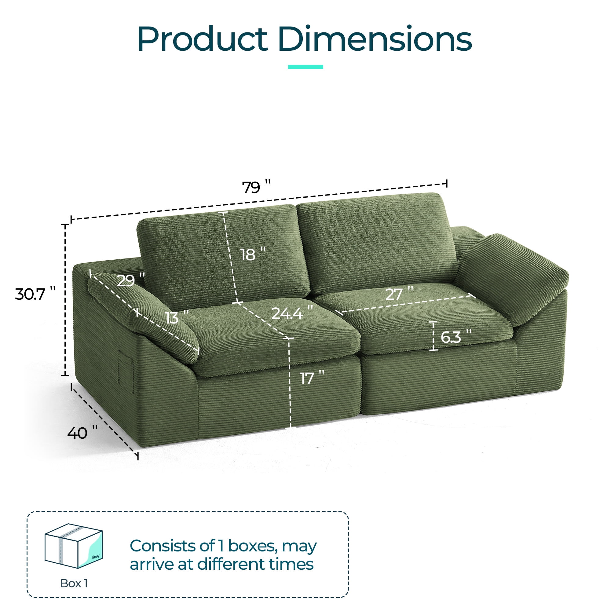 LINSY HOME Oversized 79" Boneless Sectional Couches for Living Room, Cloud Couch Sofa with Corduroy Fabric, 2 Seat Foam Sofa for Living Room, No Assembly Required, Green