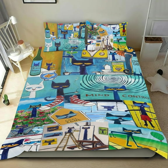 Bedding Set For Pete the Cat Comforter Cover Set Cute Duvet Cover Sets Super Soft Teens Bedding Set Kids Bedroom Gifts,1 Duvet Cover with 2 Pillowcases Full 3 Piece