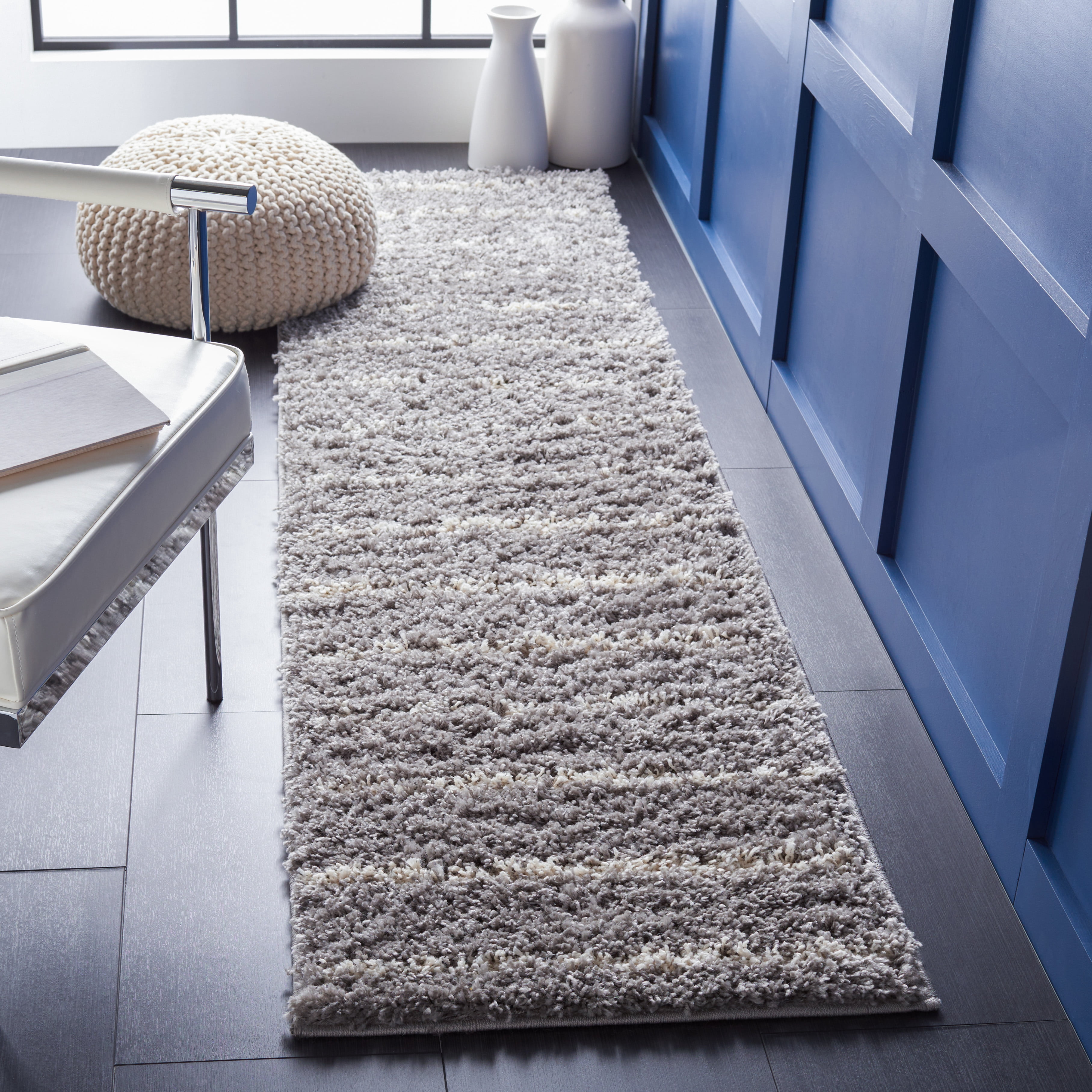 SAFAVIEH Venus Anuki Striped Shag Runner, 2'2" x 8', Grey/Ivory