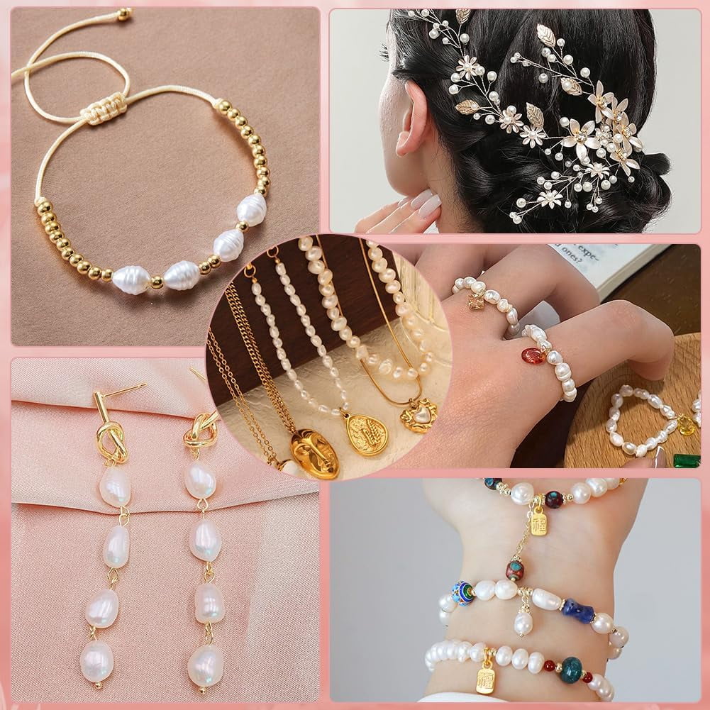 1 Box 100PCS Beige Baroque Natural Rice Shaped Pearls Beads with Holes Irregular Cultured Freshwater Summer Oval Loose Pearl Bead Bulk for DIY handcrafting