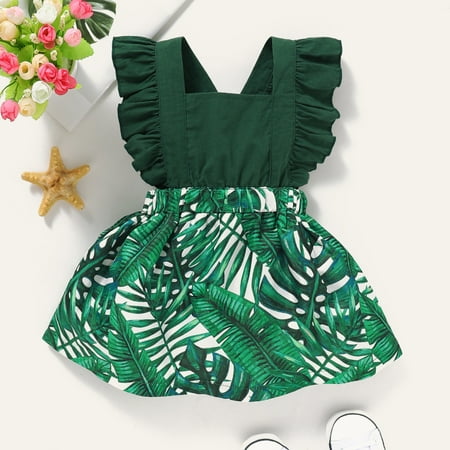 

Tejiojio Girls and Toddlers Soft Cotton Clearance Toddler Girls Clothes Summer Square Neck Flying Sleeve Leaf Solid Color Dress