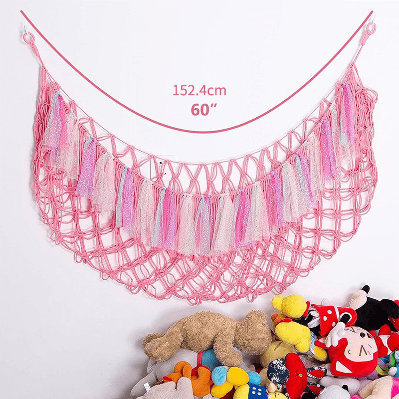 Large Stuffed Animal Hammock with Light Wall Mounted- Squishmallow Hammock Plushies Net Stuff Toy Organizer Boho Macrame Toy Hammock Corner Hanging Net for Nursery Storage Bedroom Playroom Decor-Pink