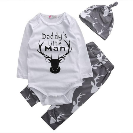 Newborn Baby Boys Daddy's Little Man Long Sleeve Bodysuit Deer Pants Outfit with Hat 0-6M