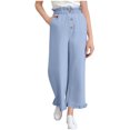 thumbnail image 2 of CQONEPT Cotton Linen Pants for Kids Girls Button Wide Leg Ruffle Pants Trendy Casual Baggy Streetwear Pant with Pockets Blue 9 Years, 2 of 7
