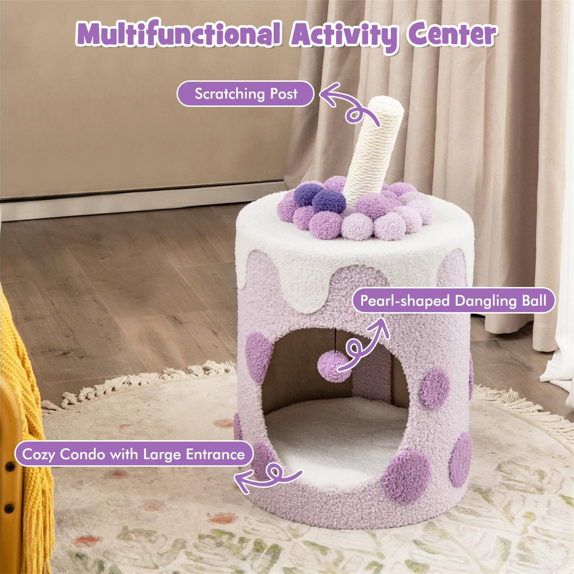 Kadyn 27" Cat Cave Bed with Scratching Post, Cat House for Indoor Cats, Modern Cat Condo Cat Nest Cute Prevents Furniture Damage Cat Shelter, Purple and White