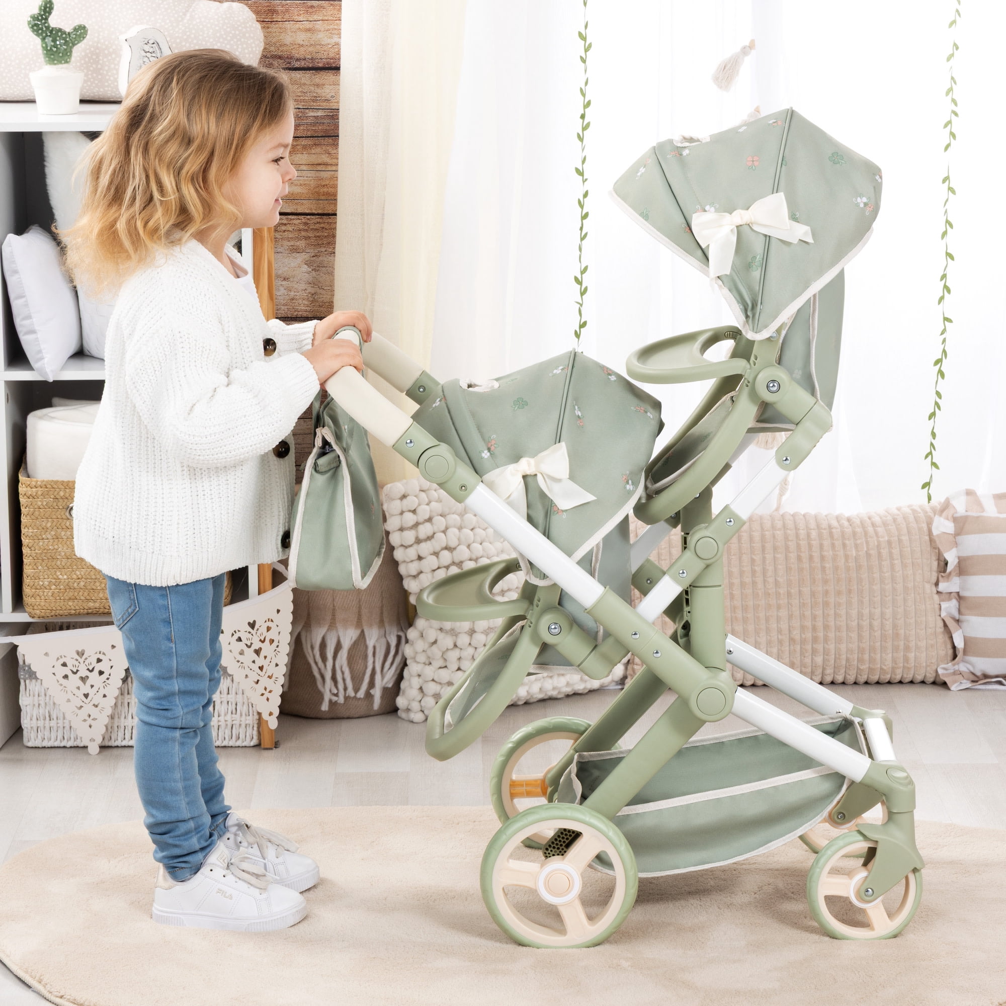Bayer Design: Doll Pram Xeo Twin - Green & Flowers - Push Stroller, Adjustable Seats & Handle, Foldable, Handbag, Toy Seats 2 Dolls Up To 18", Kids 3+