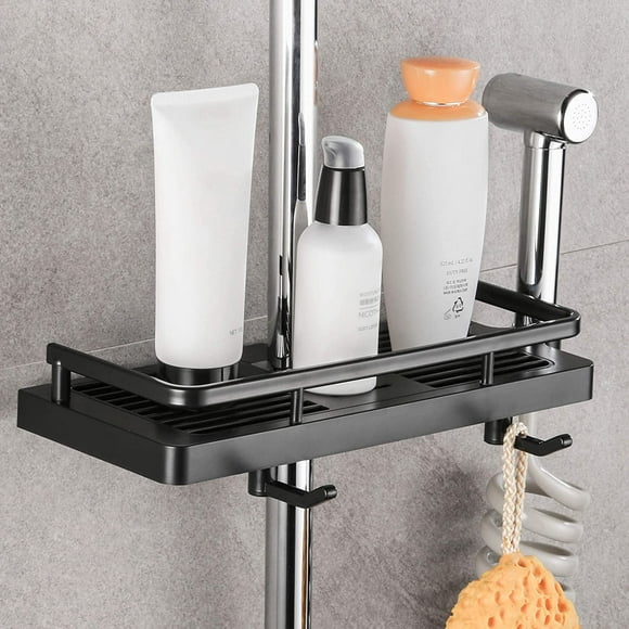 Set of 1 Black Shower Shelf Shower Soap Dish Bathroom Storage, No Drilling, with Shower Soap Dish, Hooks and Towel Rails for Self Adhesive Rust Resistant Walls