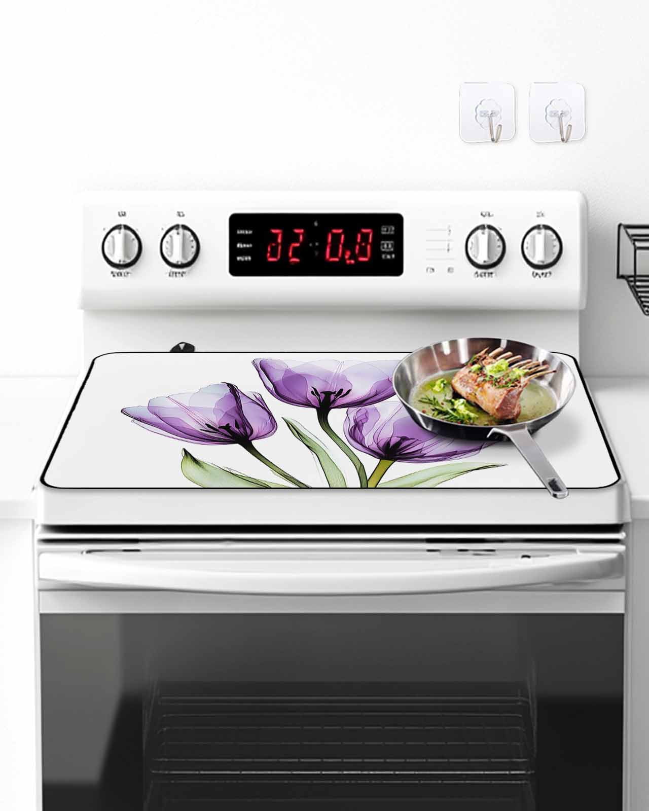 Stove Top Covers for Electric Stove, Purple Tulips Glass Stovetop Cover Protector, Green Leaf Country Flower White Botanical Induction Cooktop Protector Oven Mat for Kitchen Countertop 24"x21"
