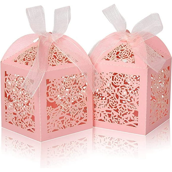 50pcs Laser Cut Favor boxes, Wedding Favors Candy Boxes with Ribbons and Tags, Small Gift Boxes for Wedding,Party,Baby Shower,Bridal Shower (50-2x2x2.76, Pink)