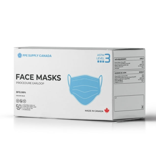 ASTM Niveau 3 Masque de Procédure Médicale Fait en Canada (50 Masques)