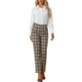 thumbnail image 2 of INSPIRE CHIC Women's Plaid Elastic Waist Button Zipper Straight Leg Long Pants S Beige Black, 2 of 6