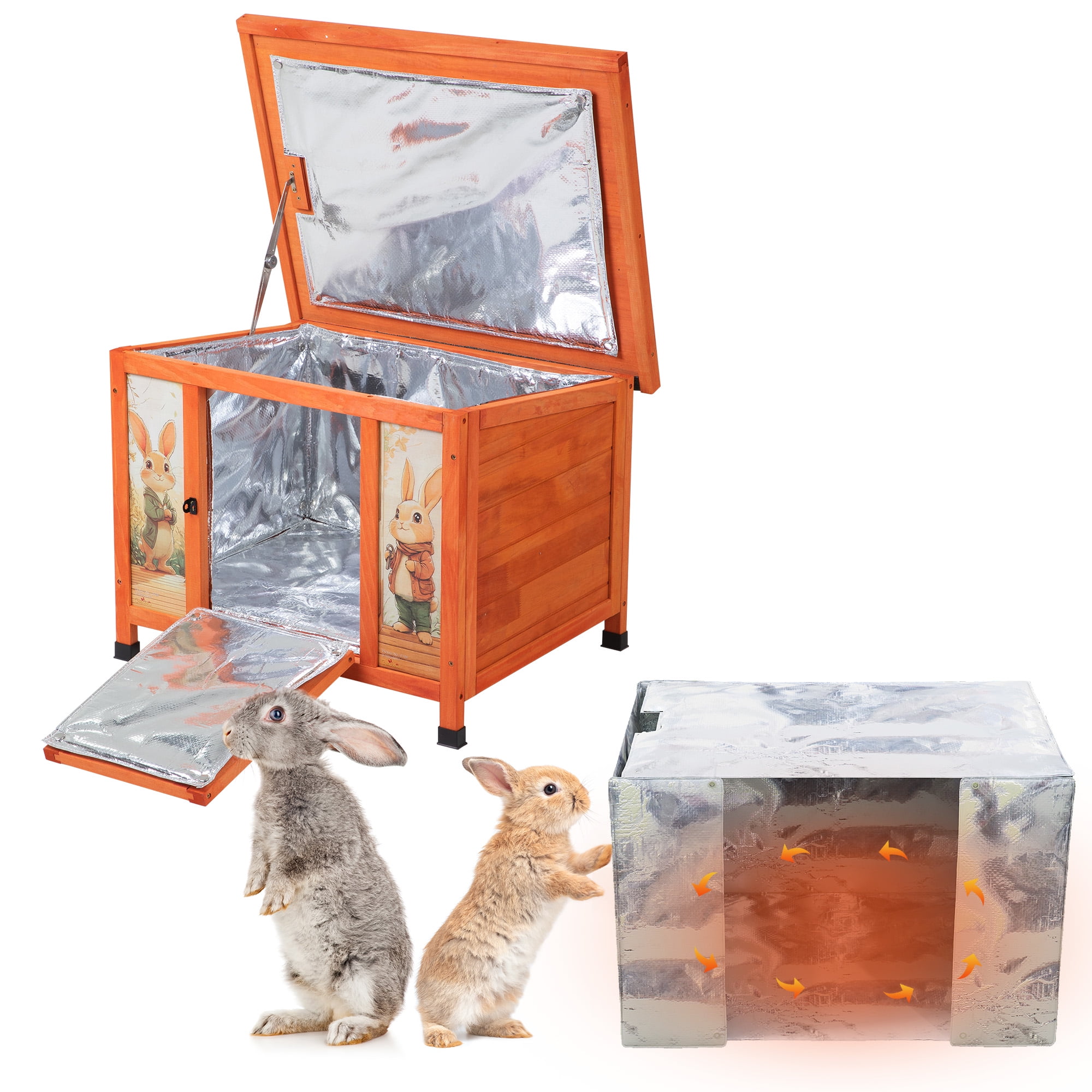 24'' Heated Small Rabbit Hutch for Winter, Cat House Outdoor Indoor with Warm Liner, Waterproof Structure, Suitable for Cats, Rabbits, Small Pets (Orange)