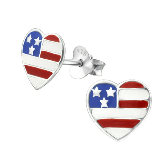 American Flag Earrings 925 Sterling Silver Heart Stud Earrings