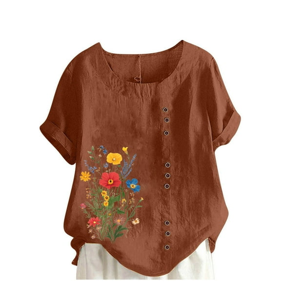 LMKIHUSA Cotton Summer Shirts for Women 2025 Boho Floral Print Tunic Tees Short Sleeve Round Neck Short Casual Fashion Buttons Blouses Coffee,L