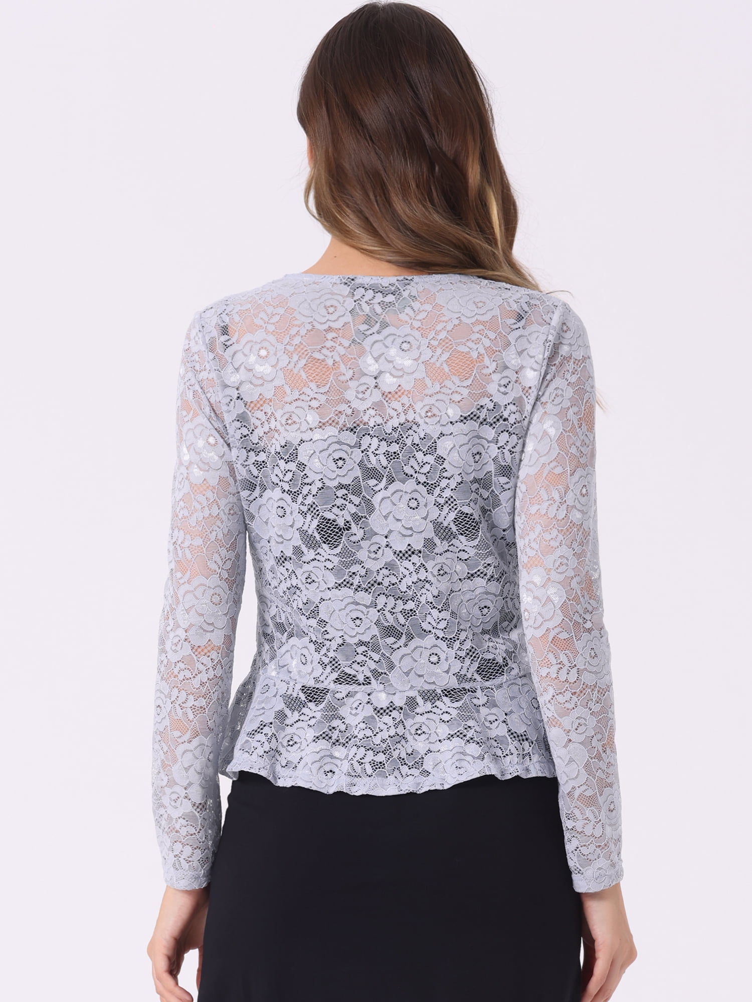 DARING DIVA Women's Ruffled Hem Floral Lace Crop Shrug Cardigan S Dusty Grey